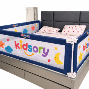 Bed rail for kids by Kidsory – blue mesh bed safety guard with moon and star panels shown on a bed