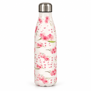 Sakura Floral Water Bottle – White & Pink front view